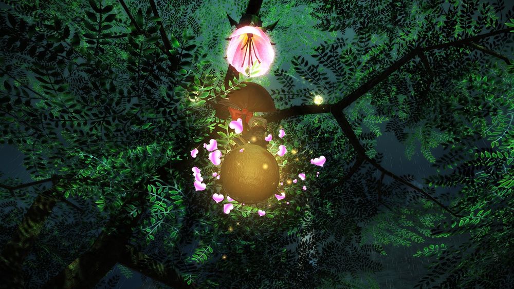 A lalafell on a Chocorpukkur mount in FFXIV is hovering just under a tree canopy with a pink lamp-like flower above her head.