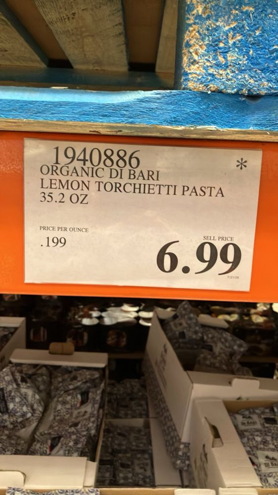 Pricing tag reading “Organic di Bari lemon torchietti pasta 35.2 ounces. Price per ounce .199. Sell price 6.99”