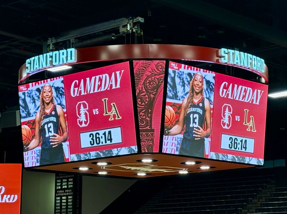 Picture of maple center score board before a Stanford Women’s basketball game