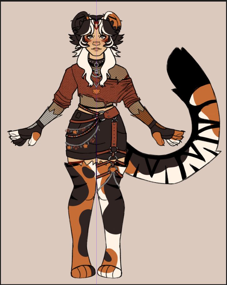 a face-on drawing of a pale-skinned andrognous character with calico cat ears and tail, and tiger stripes. he has spiky black hair with white underlayers and long strands in the front. he is wearing a fishnet top, fingerless gloves, a tattered red sweater falling off one shoulder, and black shorts. there are many red belts and silver chains with charms around his waist, and a red leg harness going down his left thigh. he also has a black studded choker and a few chain encklaces