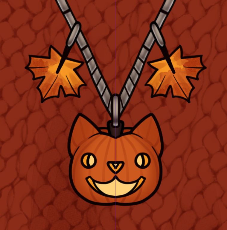 a close-up drawing of a chain necklace with charms. in the center is a charm of a lit jack-o-lantern with a cat face and cat ears. on either side of the jack-o-lantern charm are charms of orange maple leaves.
