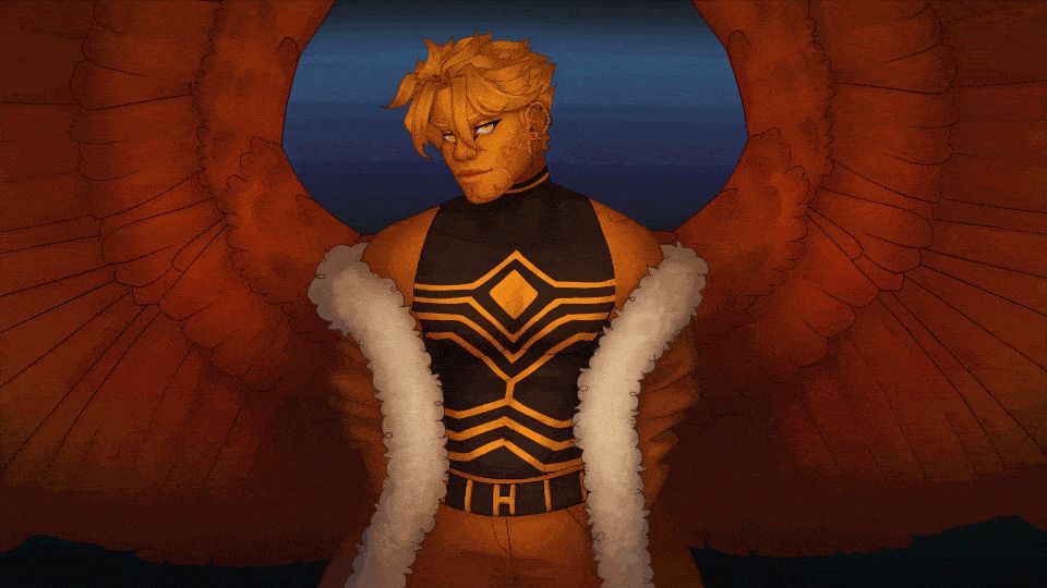 a looping animation of the character hawks from my hero academia. he has large red wings that are flapping slowly behind him. he is shifting slightly side to side while looking at the camera and blinking. his coat is slightly off of his shoulders.