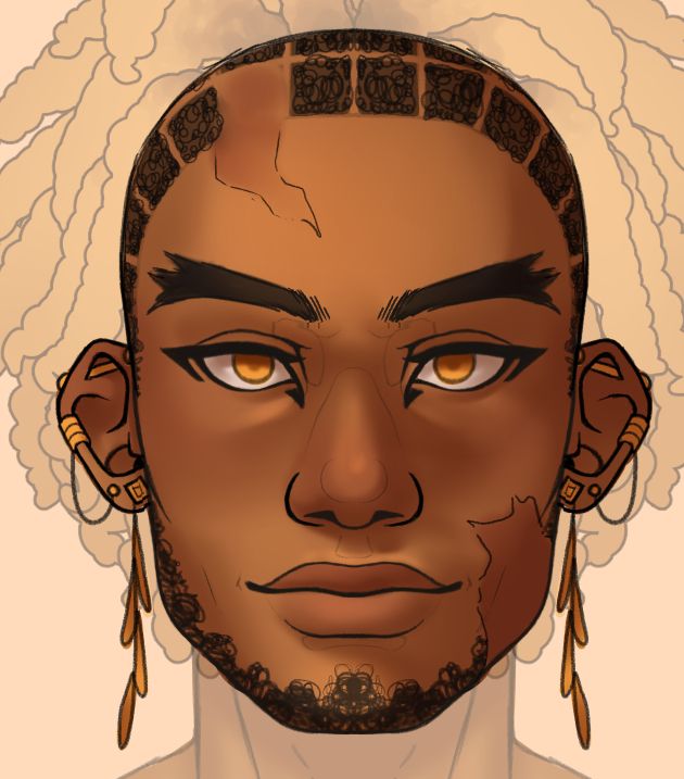 a close up work in progress drawing of the face of hawks from my hero academia, portrayed as mixed race. he is looking at the viewer. he has medium brown skin and curly facial hair. his hair is parted for locs, but they have not been drawn yet. he is wearing many gold earrings.