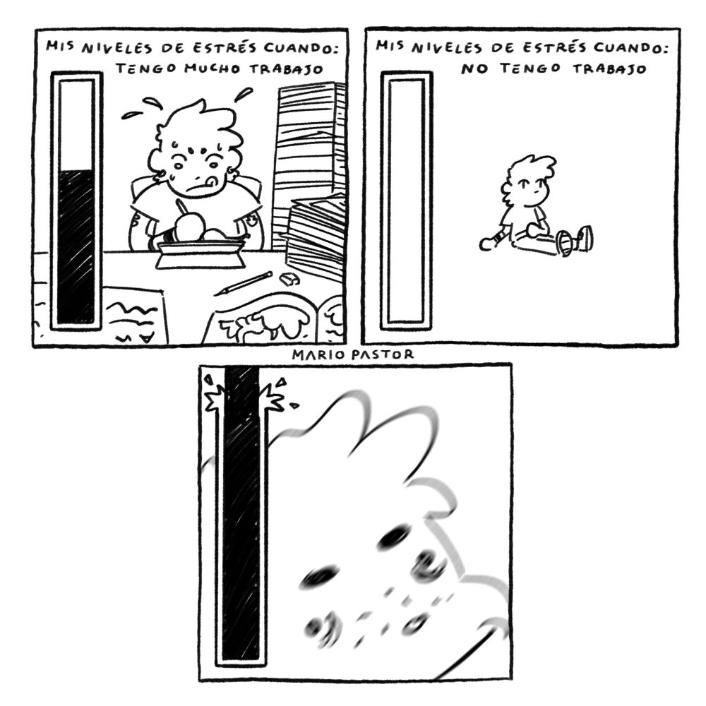 Un cómic sobre mis niveles de estrés cuando tengo trabajo y cuando no. Cuando no tengo trabajo mis niveles de estrés se disparan 🚀