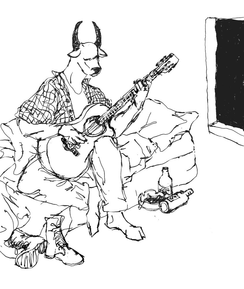 Sitting on his bed, a bull concentrates on playing the guitar. His boots, two bottles of beer and a ashtray clutter the foot of the bed. The window opens to the darkness of the night.