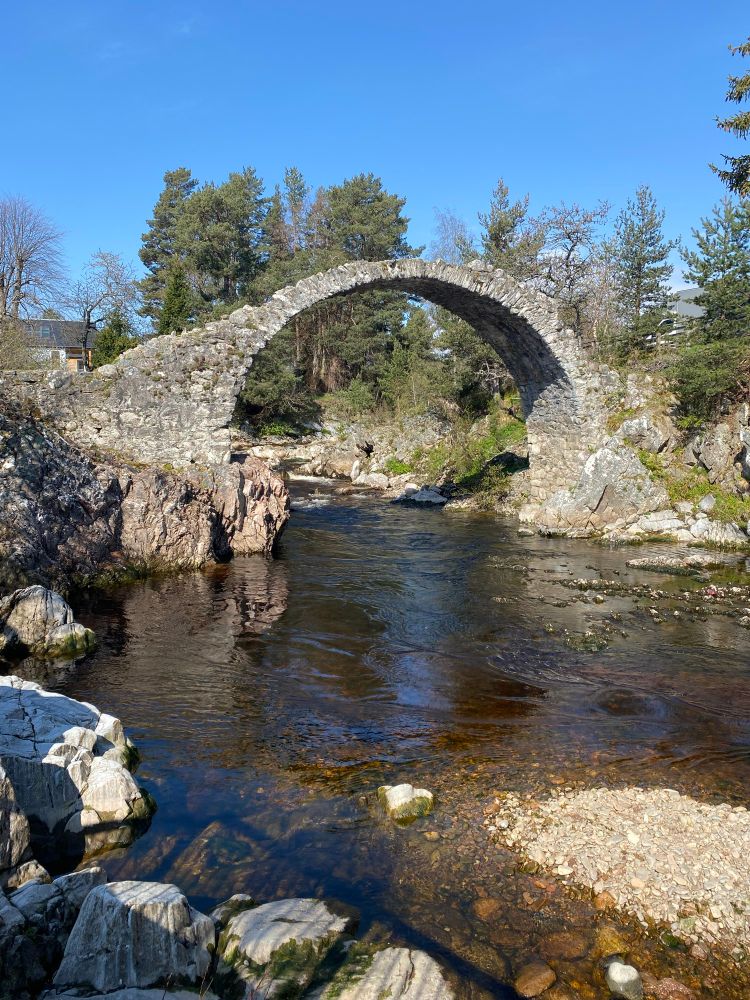 A very old stone bridge arches over a calm river on a spring day. The river water looks clear and the sky is bright blue. 