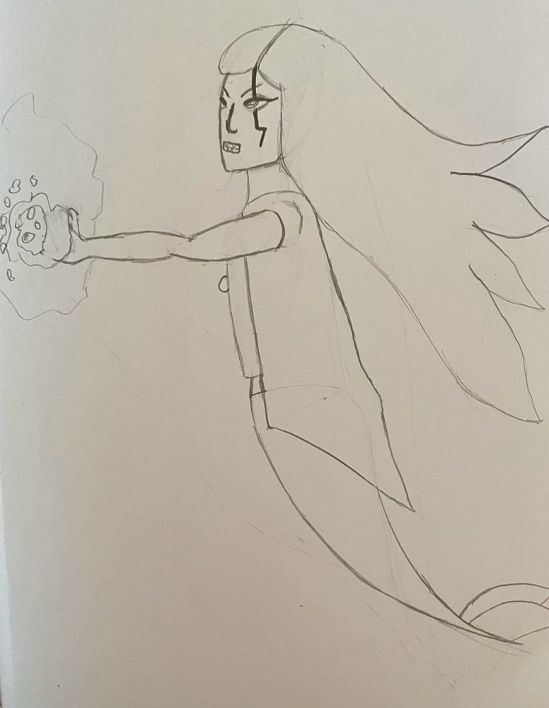 A pencil drawing of a mer-person version of Clockwork from Danny Phantom they wear a vest that open in the front. Their clock door is partially visible. Long hair streams behind them. Their teeth are bared in an angry expression and their hand is thrust out in front of them, gathering an energy beam to fire. 