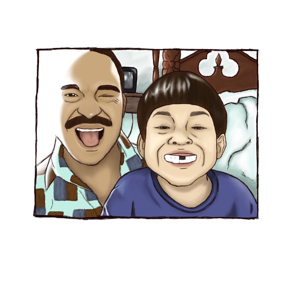 A drawing of a father and his son smiling for a picture