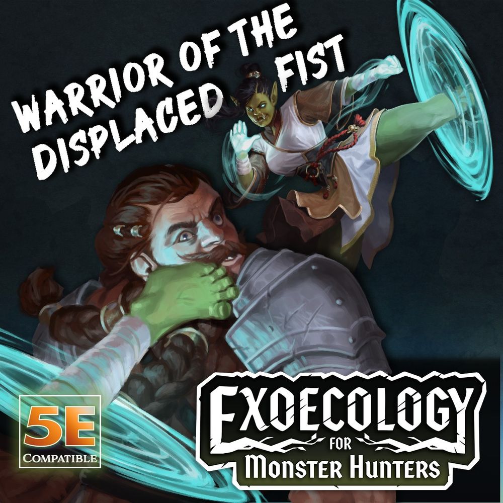 A femme-presenting orc monk kicking a dwarf in the face through a glowing blue portal.