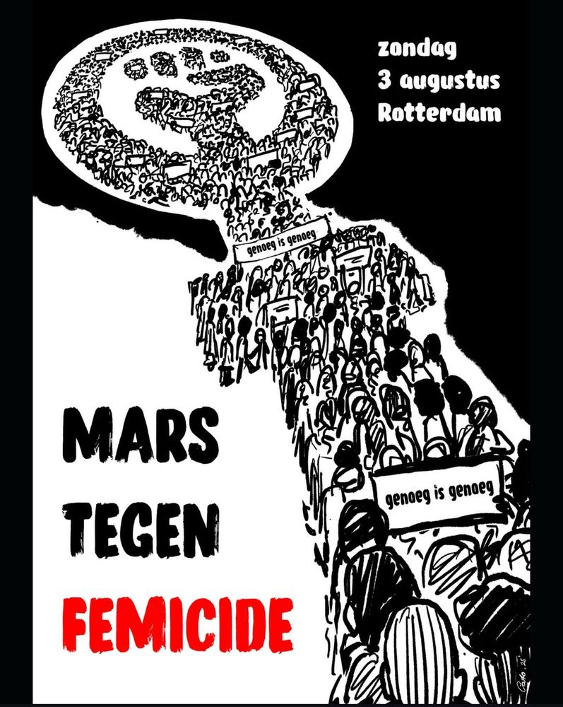 poster mars tegen femicide demonstrerende getekende mensen in de vorm van het vrouwensymbool circel met kruis eronder. 