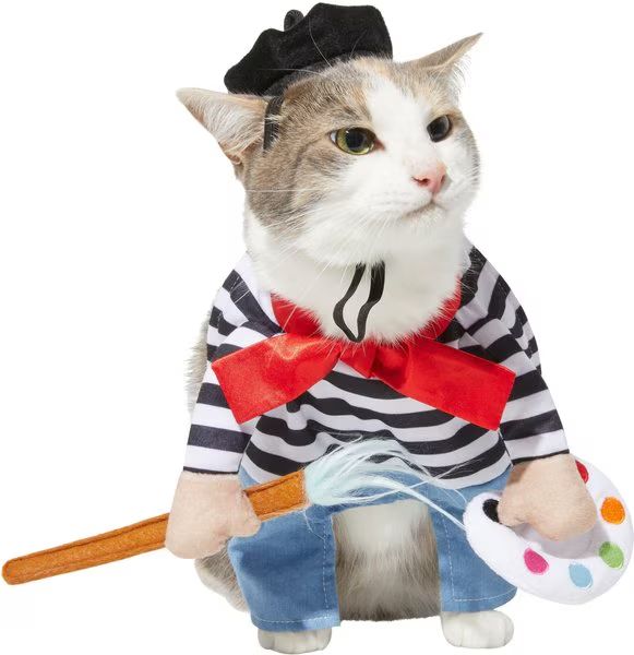 A white and grey cat dressed up as a grump artist with a little paint brush and palette and beret omg hilarious