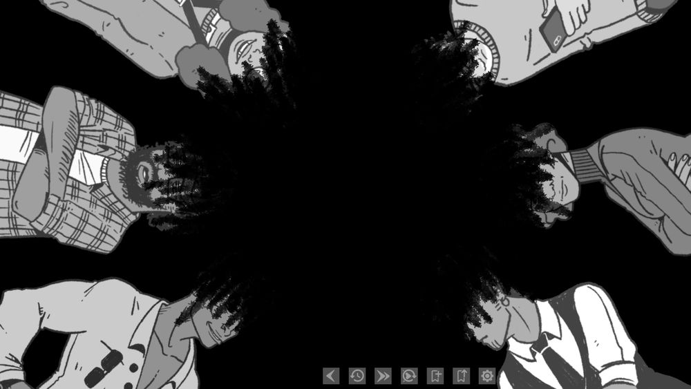 Screenshot from "Parts of the Elephant" - a black void, with black-and-white figures arranged around the center of the screen. Their heads are scribbled over with darkness