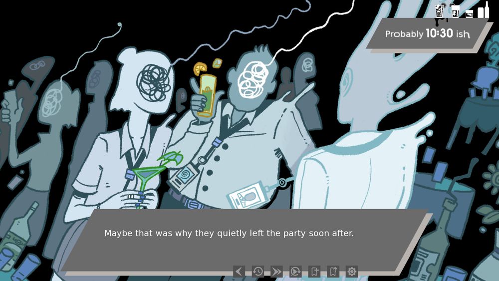 Screenshot from "Parts of the Elephant" - figures stand and talk in a darkened party, holding drinks. The outlines of the figures wobble and flow. we can't see anyone's faces - instead, they have scribbles on them that bleed off their heads and into the darkness