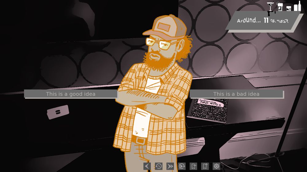 Screenshot from "Parts of the Elephant" - a bearded black man with long scraggly hair crosses his arms in a hotel room. Two menu choices are presented to the player on either side of him, one saying "This is a good idea", and the other saying "This is a bad idea"
