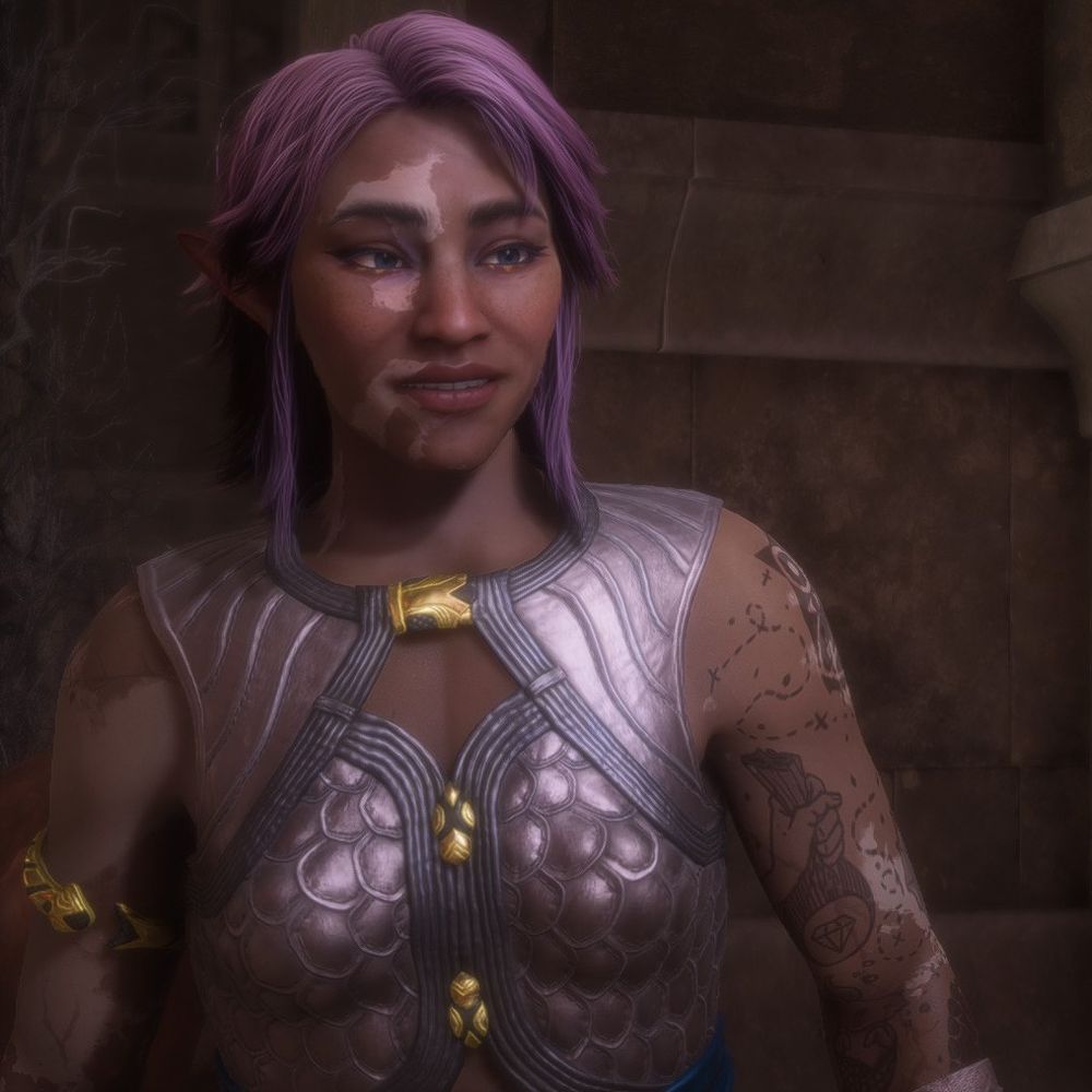 lilac haired brown skinned elf with vitiligo, tattoos on their left arm, and dark blue eyes