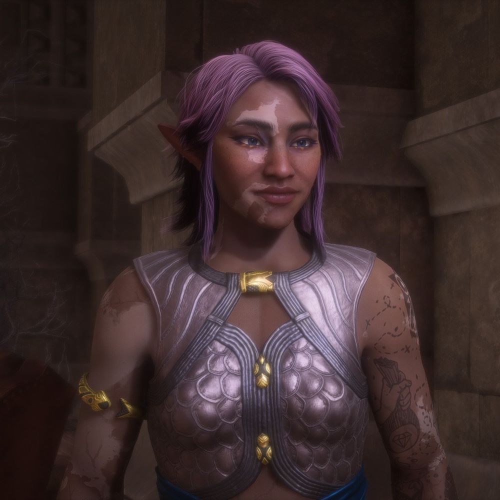 lilac haired brown skinned elf with vitiligo, tattoos on their left arm, and dark blue eyes