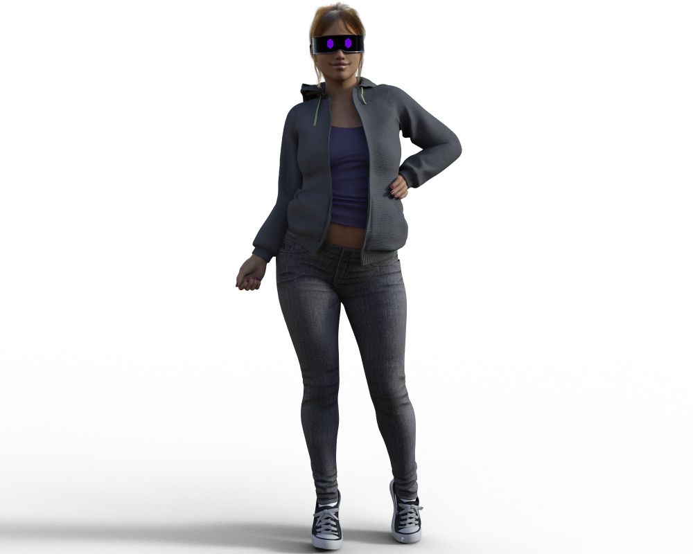 Sam in fully-rendered glory! She's wearing a gray hoodie, purple shirt that exposes her tummy, and tight jeans.