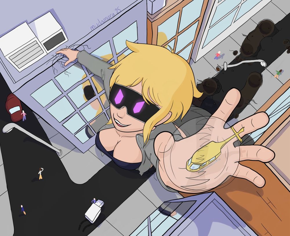 A birds-eye view of Sam causing mass destruction in a city. Her visor shows two sinister-looking eyes as she reaches up to grab a helicopter above herself.