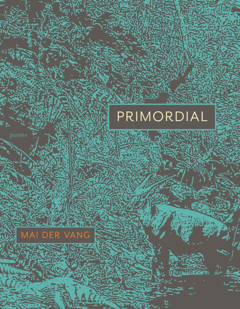 Cover image of PRIMORDIAL by Mai Der Vang, which features a stylized camera trap photo of the saola.