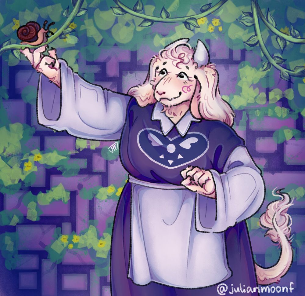 Toriel from Undertale is standing near a mossy wall at the Ruins and reaching out to a snail