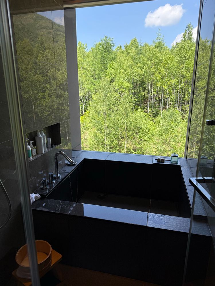 a square bath tub with a view out to the woods 
