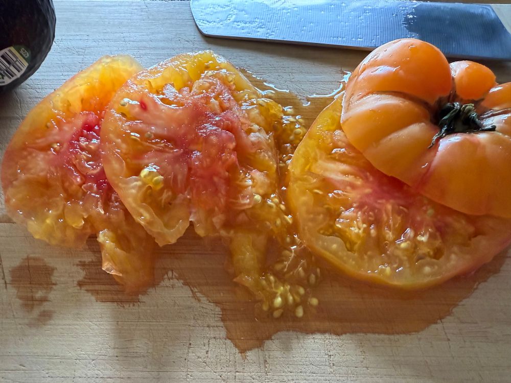 big heirloom tomato with reddish yellow skin