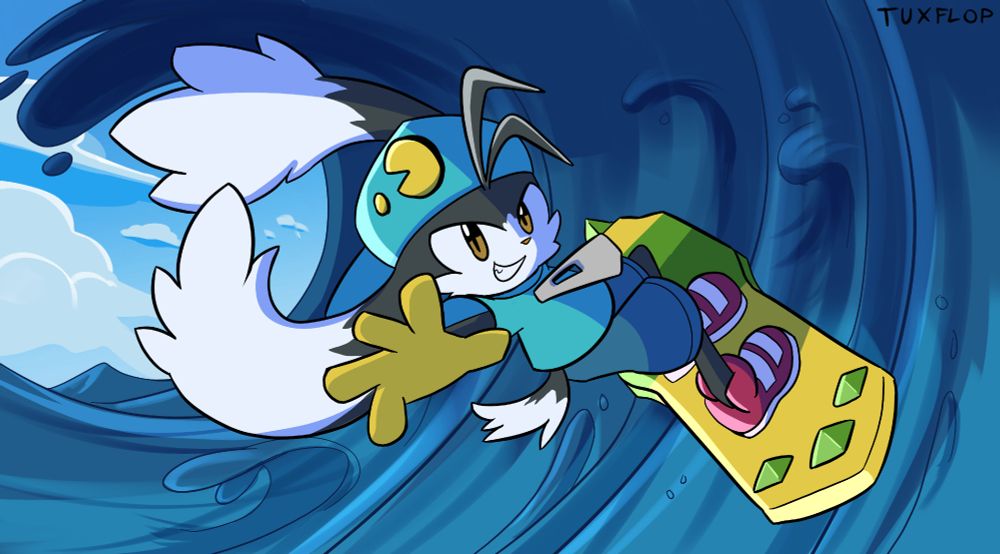 Klonoa in his Lunatea's Veil outfit surfing on a wave with his Float Board.