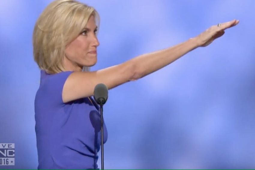 Right wing bedbug and Fox News personality, Laura Ingraham in right profile with her arm extended in a Nazi salute during a speech she delivered at the 2016 Republican National Convention in Cleveland OH.