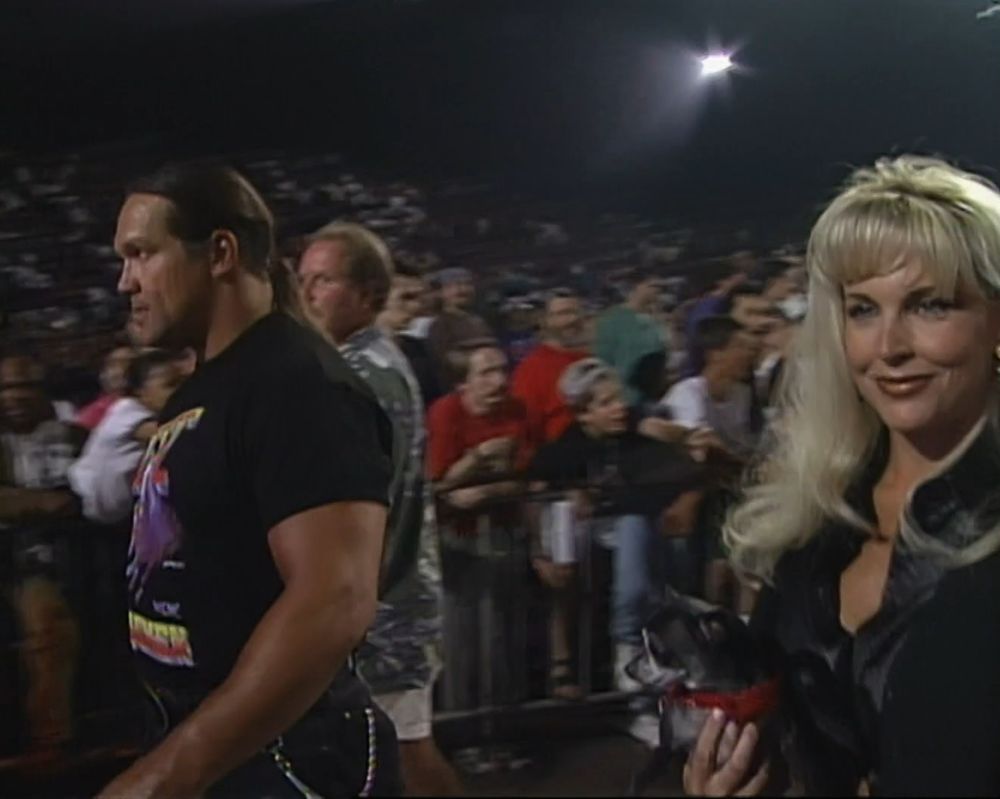 steve "mongo" mcmichael in a 4 horsemen shirt and black jeans walking up the ramp at wcw clash of the champions, to the right of him debra mcmichael is wearing a black outfit and carrying pepe who is briefly glimpsed wearing his classic red bandana, while it was already true, this further confirms pepe is a member of the 4 horsemen