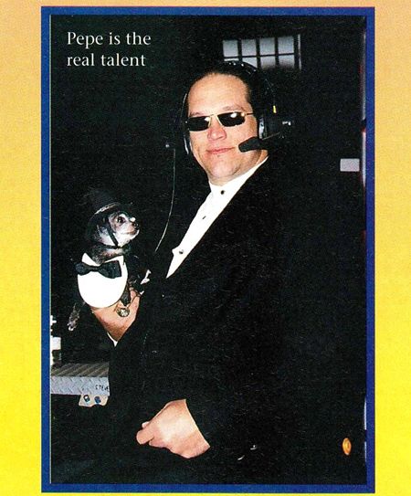 image from wcw magazine in may 1996 featuring steve "mongo" mcmichael in his tuxedo, and distinguished pepe in a top hat and tuxedo bib and bowtie, with a caption from bobby "the brain" heenan that says "pepe is the real talent" 