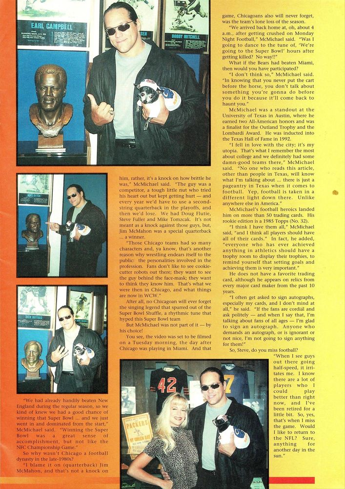 full page two spread from wcw magazine in december 1996, the article features an interview with them and photos of the mcmichaels alongside pepe in a chicago bears hat and shirt