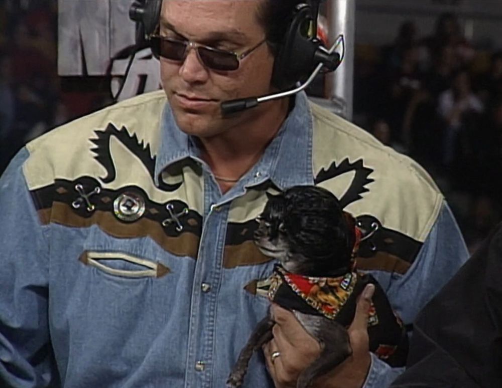 a close-up of mongo holding pepe who has a black patterned outfit on, vibrant black sunglasses, and a truly absurd black haired wig that looks like someone emptied an entire can of hairspray on it