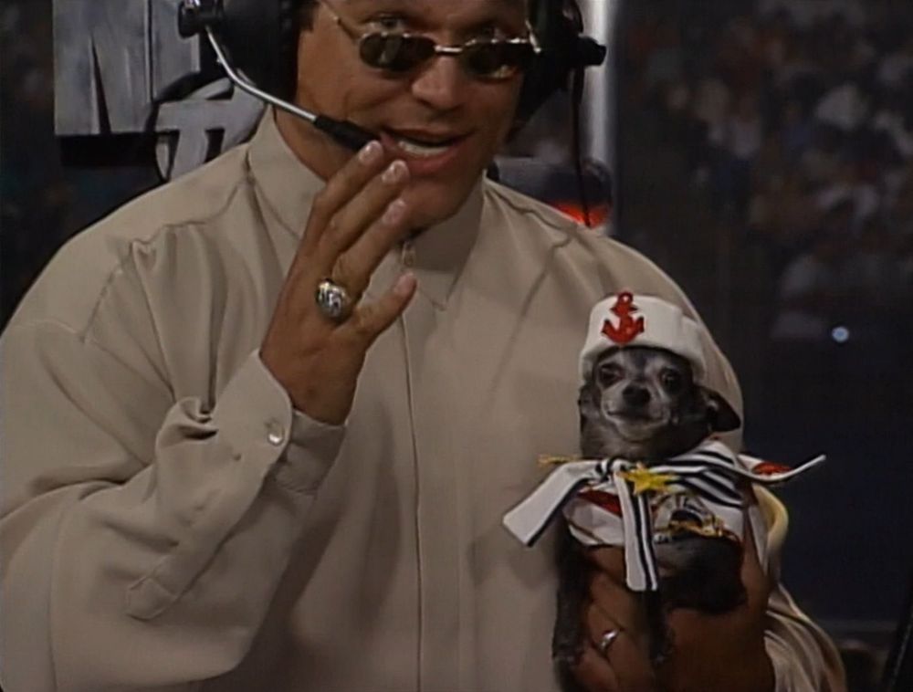 a close-up of pepe being held by mongo, pepe has a sailor outfit on with a white hat featuring a red anchor, and a white coat with some stars and other nautical designs