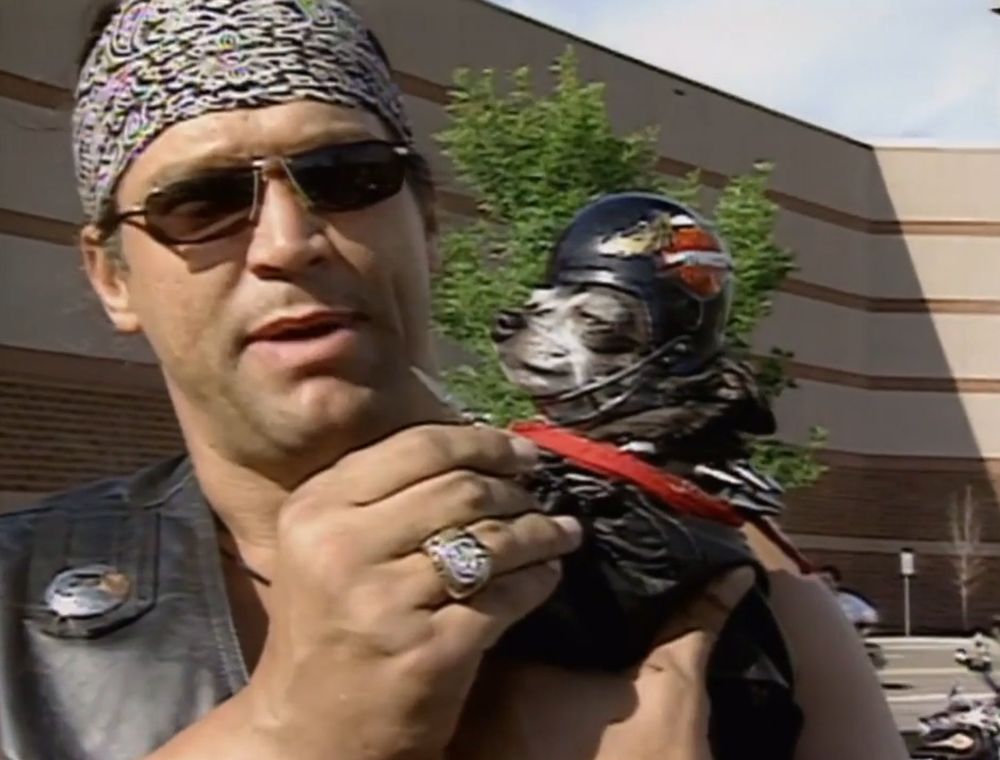 mongo standing outside getting ready to make the motorcycle ride to sturgis, mongo has a black leather biker vest on over a tank top and a black and white patterned bandana on, he's holding pepe who is wearing a harley davidson logo motorcycle helmet that is held on by what looks like a simple football grill, like a combo motorcycle football helmet, pepe also has a black biker jacket, red bandana, and metal chain to really complete the outfit
