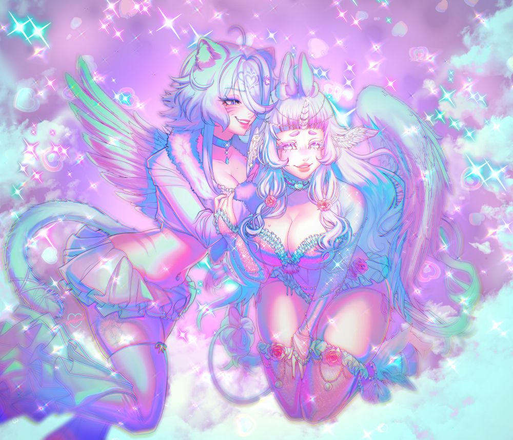 2 characters in a sparkly pastel illustration. Commission done for SassyKittyn of her Vtuber & Bunevolent's Vtuber