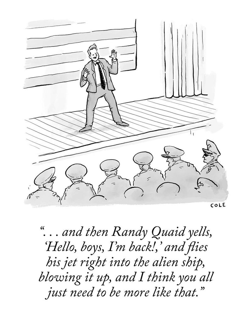 Cartoon of Pete Hegseth on a stage telling an audience of high-ranking military personnel, “…and then Randy Quaid yells, ‘Hello, boys, I’m back!’ and flies his jet right into the alien ship, blowing it up, and I think you just need to be more like that.”