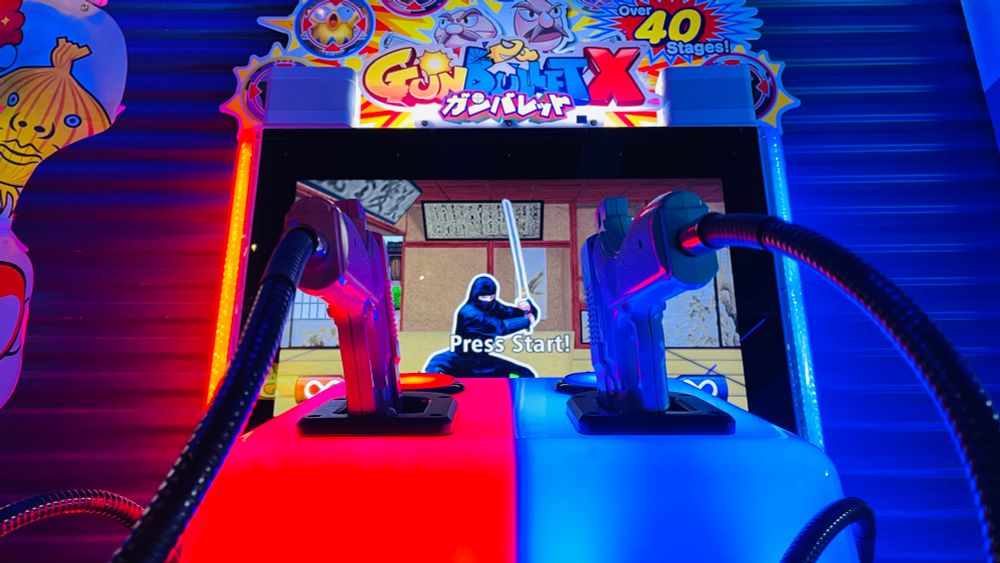 Gun Bullet X / Point Blank X arcade machine featured at The Dugout, an arcade bar located inside Peabody Heights Brewery in Baltimore, MD.