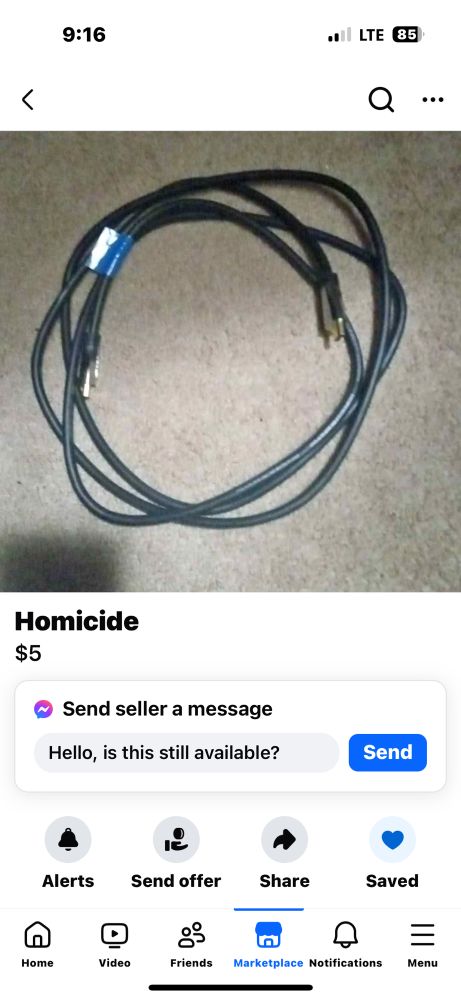 someone selling an HDMI cable on fb marketplace for $5. the title of the ad is Homicide