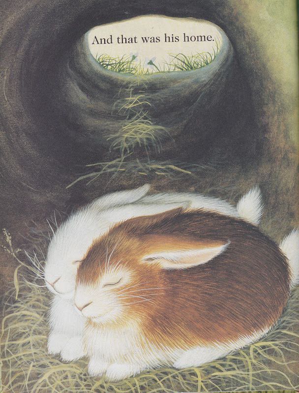 a drawing of two bunnies in their burrow captioned “and that was his home”