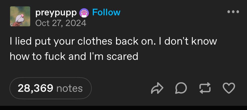 tumblr post which reads “ I lied put your clothes back on. I don’t know how to fucking I’m scared.”