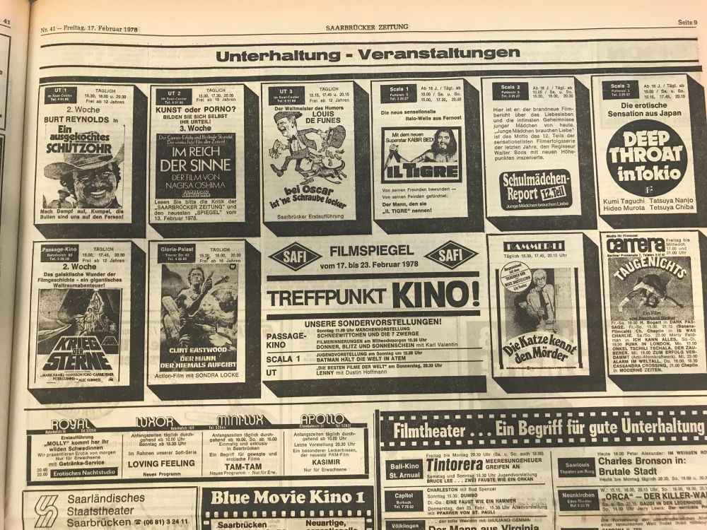 Eine Kino-Zeitungs-Anzeige von 1978 - mit "Krieg der Sterne", Clint Eastwood, Burt Reynolds und dem "Schulmädchenreport".