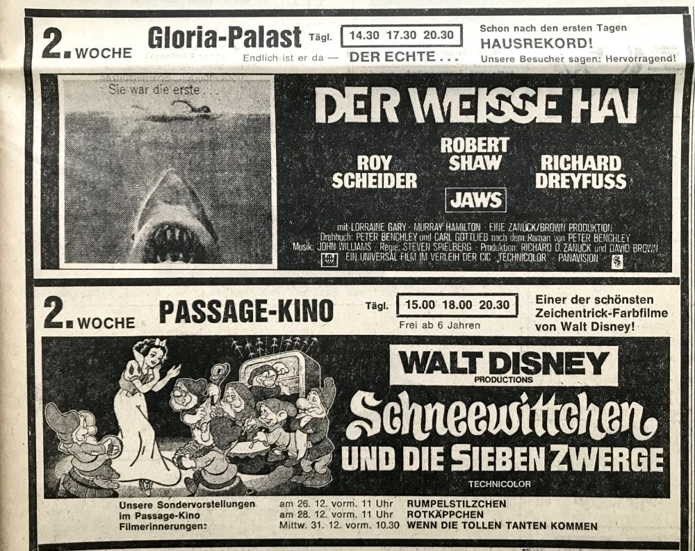 Eine alte Kino-Anzeige von 1975 mit "Der weiße Hai".