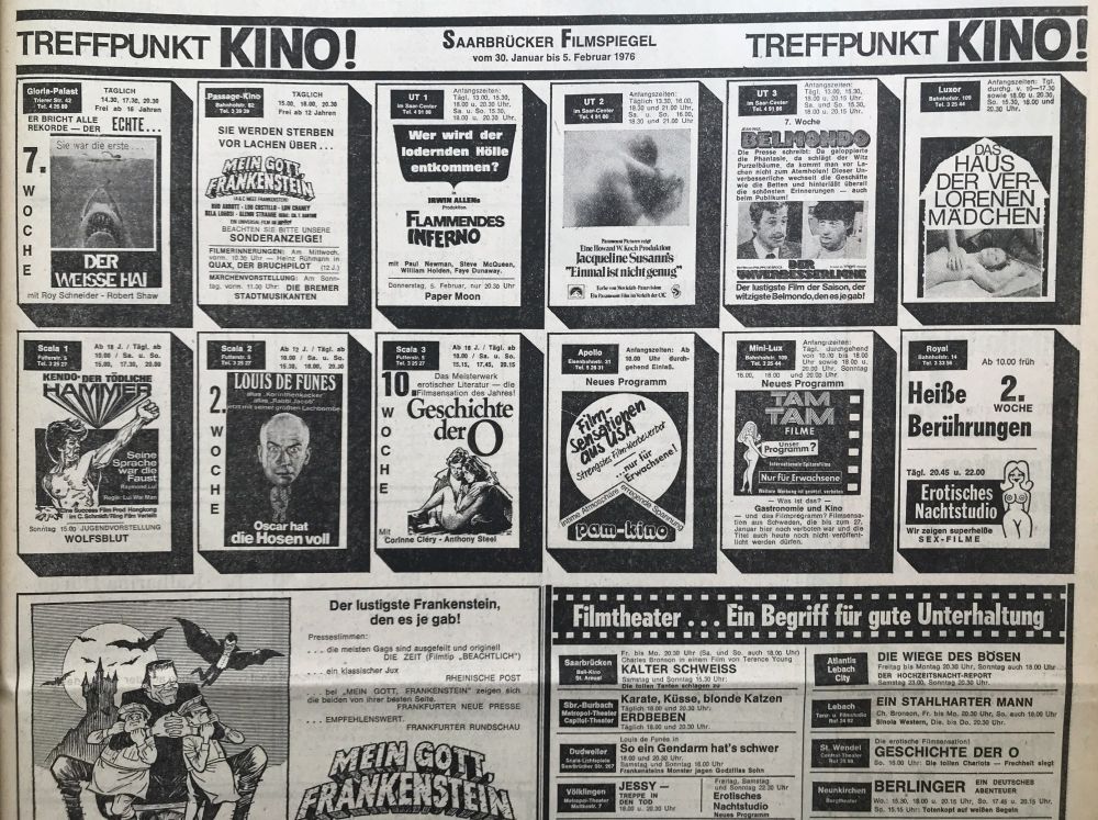 Eine alte Kino-Anzeige von 1975 mit "Der weiße Hai". Louis de Funès und auch "Flammendes Inferno".