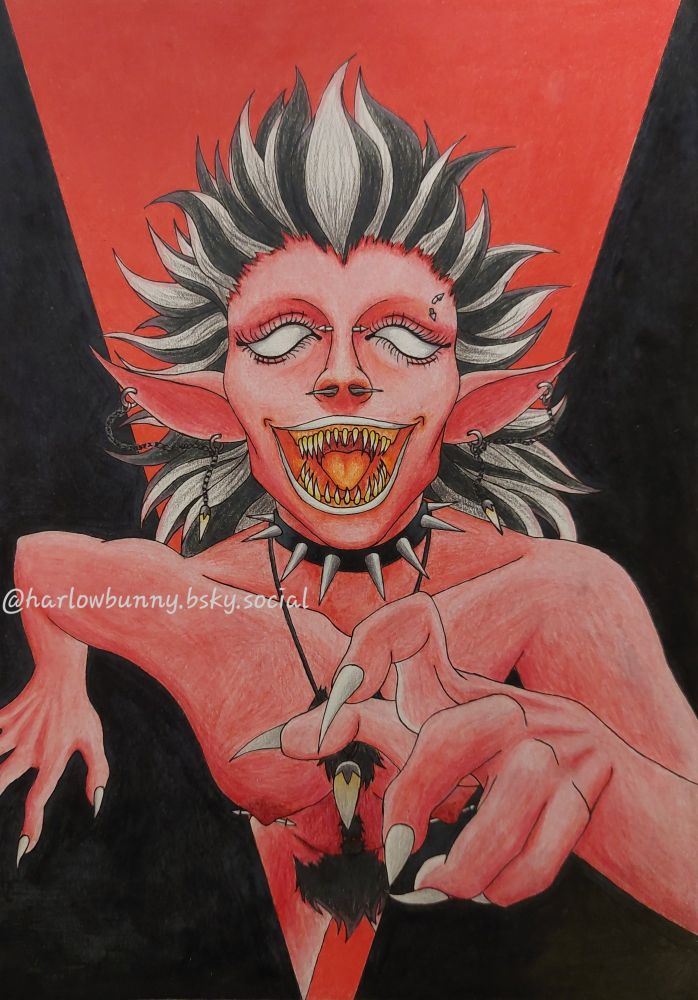 A red, demon-like woman with spikey piercings/jewelry and wild white and black hair. She's bearing her needle-like teeth as she reaches out to the viewer through a crack in the wall