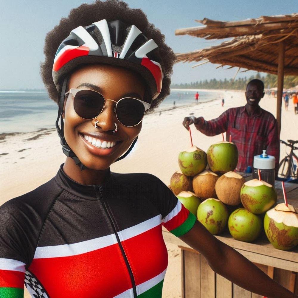 Young cyclist posing at the beach in Kenyan flag colors jersey 