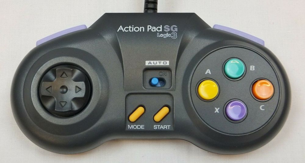 An Action Pad SG for the Sega Mega Drive. The controller layout is similar to that of the SNES, with A, B and C around the top of the face button diamond, X on the bottom and Y and Z as shoulder buttons.
