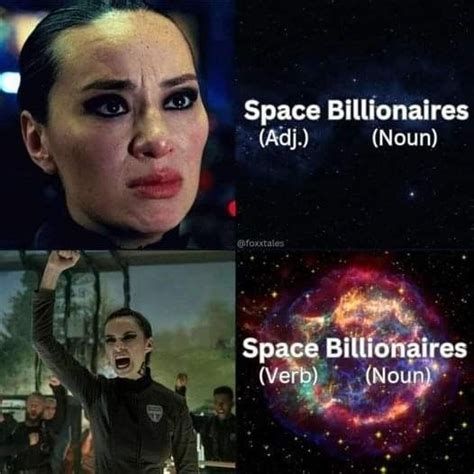 The Space (adj.) Billionaires (noun) /Space (verb) Billionaires (noun) meme from The Expanse using the character Camina Drummer. In the first interpretation, she is staring sadly up into the distance with a furrowed brow. In the second interpretation she stands, triumphant, in the center of a crowd of cheering people with her right fist raised in the air. She's screaming as if in victory.