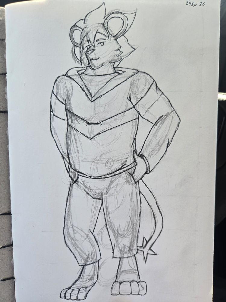 An inked sketch of Autumn, a Luxray, standing in a relaxed pose wearing a hoodie and pants.