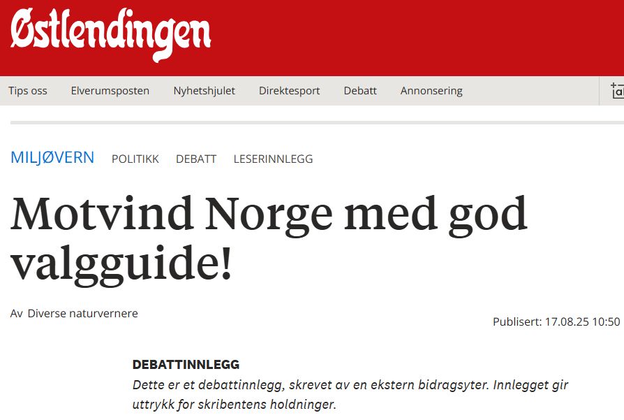 Skjermdump fra Østlendingen: Motvind Norge med god valgguide! av diverse naturvernere