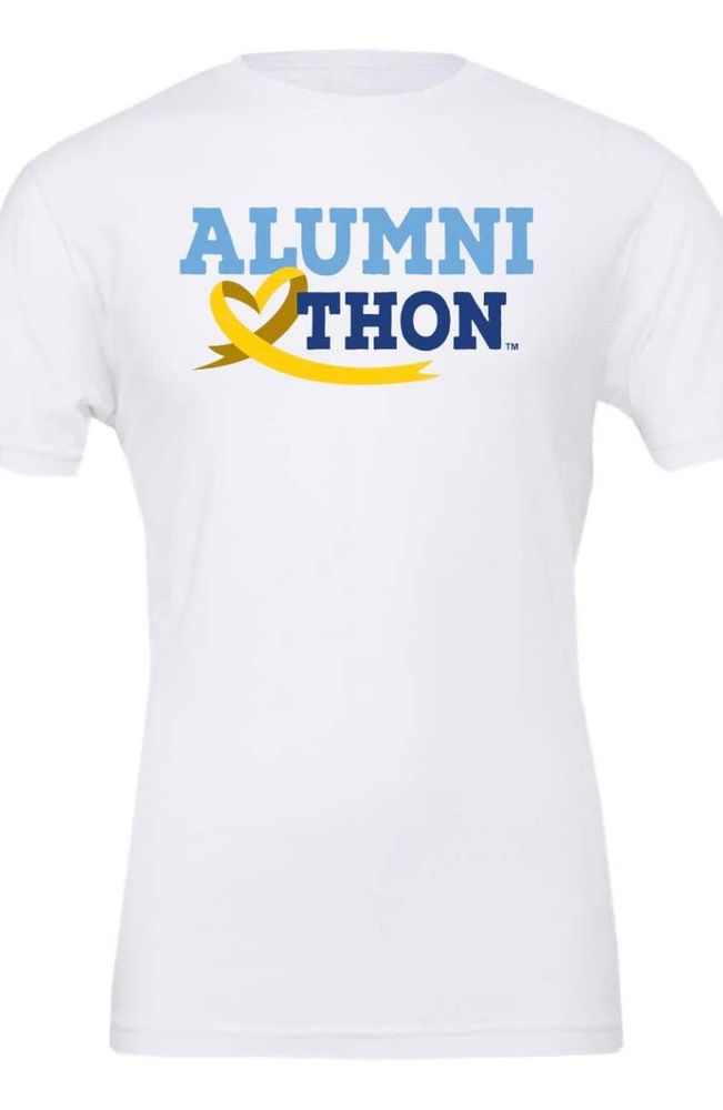 The words "Alumni love THON" with a heart spelled out with a yellow ribbon